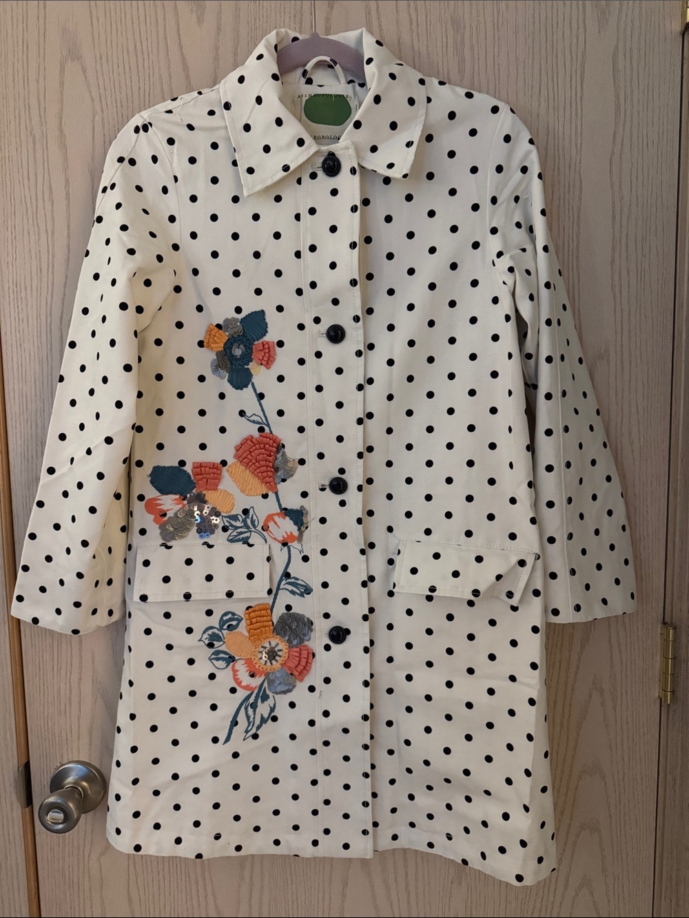 Anthropology Polka Dot Coat Jacket with Floral Embroidery XXS